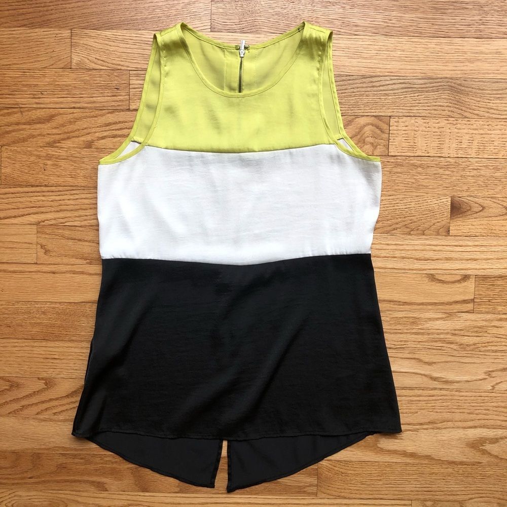 BCBG Colorblock Sleeveless Back Slit Blouse XS Black White Green
